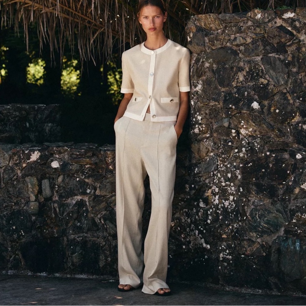 Zara set short sleeve blazer with linen straight pants